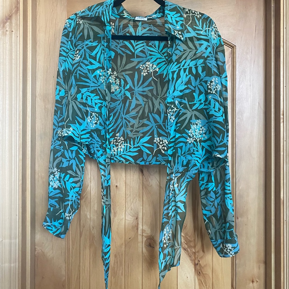 Vintage Womens Sz 12 Silk Tropical Floral Long Sleeve Crop Tie Front Top 70s - Picture 7 of 8